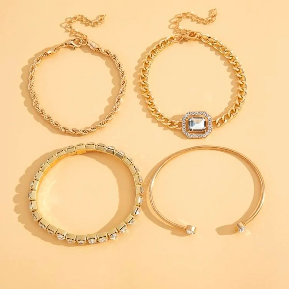 NEW Glamorous Gold Plated Rhinestone Bracelets - 4 Pieces - Picture 2 of 5